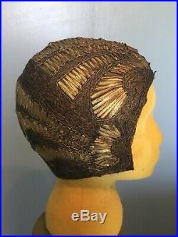 Art Deco c. 1920s Metallic Gold Lame Flapper Helmet Cap Hat