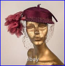 Asian Influenced Vintage 1930's Felt + Velvet Hat W Feather Plumes