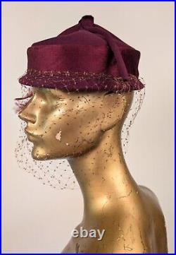 Asian Influenced Vintage 1930's Felt + Velvet Hat W Feather Plumes