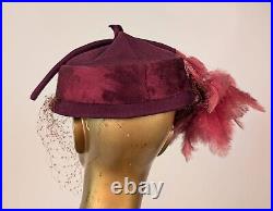 Asian Influenced Vintage 1930's Felt + Velvet Hat W Feather Plumes