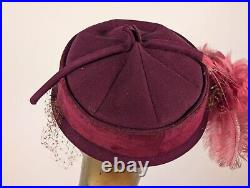 Asian Influenced Vintage 1930's Felt + Velvet Hat W Feather Plumes