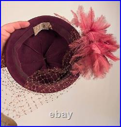 Asian Influenced Vintage 1930's Felt + Velvet Hat W Feather Plumes