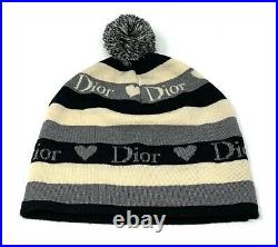 Auth Christian Dior Vintage Logo Striped Beanie Hat Knit Cap Gray Rank A