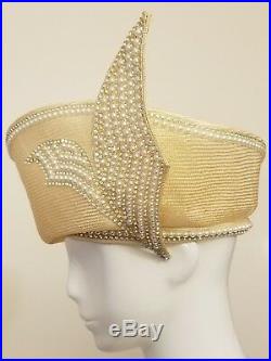 Auth, Vtg, Jack McConnell Beige Straw Hat withCrystal and Pearl Trim Hat (M)