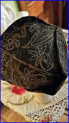 Authentic 1920s Flapper Cloche Hat Gold Metallic Embroidery Beaded, Larger size