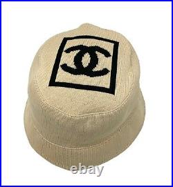 Authentic CHANEL Vintage Coco Mark Logo Bucket Hat #M Cotton Beige Rank AB+