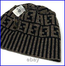 Authentic FENDI Vintage FF Zucca Knit Cap Beanie Hat Brown Black Wool Rank A