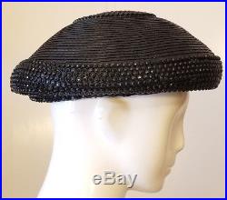 Authentic, Vintage, Jack McConnell Black, Straw, Beaded, Beret Hat (L)