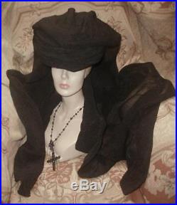 BEST 1911 HUGE Antique Edwardian MOURNING HAT w Long Silk Crepe Veil, 5th Ave NY