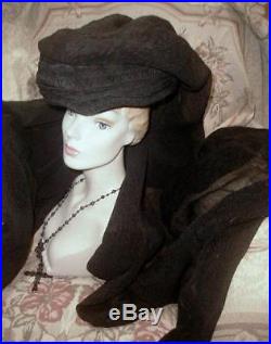 BEST 1911 HUGE Antique Edwardian MOURNING HAT w Long Silk Crepe Veil, 5th Ave NY
