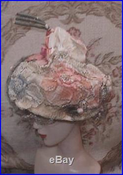 BEST 1940s CAROLINE REBOUX Silk Velvet Flowers Fairy HAT w Puff Veiling PARIS VG