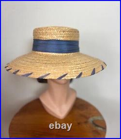 BLUE RAFFIA 50's 50s Vintage Woven Natural Braided Straw Western Garden Hat