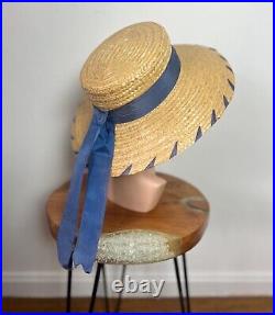 BLUE RAFFIA 50's 50s Vintage Woven Natural Braided Straw Western Garden Hat