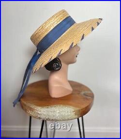 BLUE RAFFIA 50's 50s Vintage Woven Natural Braided Straw Western Garden Hat