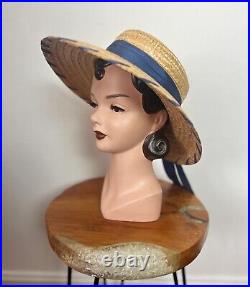 BLUE RAFFIA 50's 50s Vintage Woven Natural Braided Straw Western Garden Hat