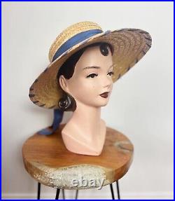 BLUE RAFFIA 50's 50s Vintage Woven Natural Braided Straw Western Garden Hat