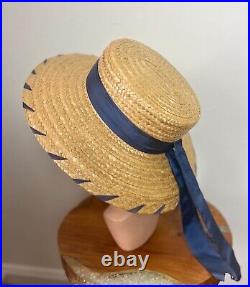 BLUE RAFFIA 50's 50s Vintage Woven Natural Braided Straw Western Garden Hat