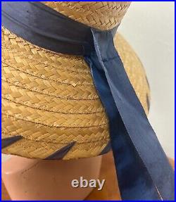 BLUE RAFFIA 50's 50s Vintage Woven Natural Braided Straw Western Garden Hat