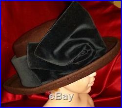 BURBERRYS HAT Women's Rich Brown Wool Black Velvet Bow Trim Dress/Church Vintage