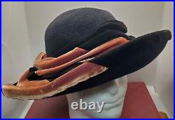 Bailey Tomlin London Ladies Black Brown Velvet Rose Hat M Edwardian Look Vintage