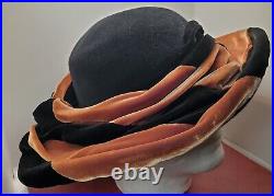 Bailey Tomlin London Ladies Black Brown Velvet Rose Hat M Edwardian Look Vintage