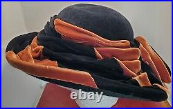 Bailey Tomlin London Ladies Black Brown Velvet Rose Hat M Edwardian Look Vintage