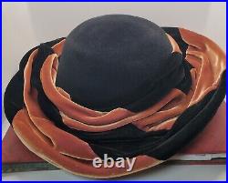 Bailey Tomlin London Ladies Black Brown Velvet Rose Hat M Edwardian Look Vintage