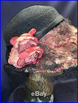 Beautiful Antique C1920 Ladies Cloche Hat Pink Roses + Lace