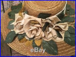 Beautiful Antique Ladies Straw Hat Millinery Roses 1920s-1940s #E