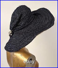 Beautiful Blue Straw Edwardian Massive Brim Hat W Stuffed Silk Berry Trim