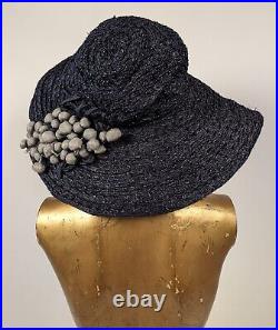 Beautiful Blue Straw Edwardian Massive Brim Hat W Stuffed Silk Berry Trim