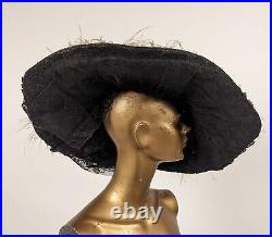 Beautiful Edwardian Gold Lame Hat W White Ostrich Plumes + Chantilly Lace