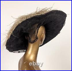Beautiful Edwardian Gold Lame Hat W White Ostrich Plumes + Chantilly Lace