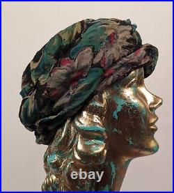 Beautiful Flapper 1920's Metallic Gold Lame Floral Silk Chiffon Cloche Hat