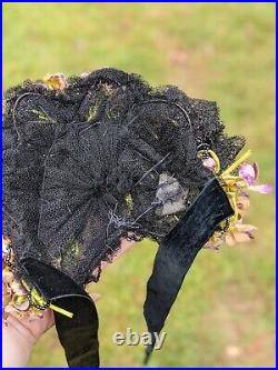 Beautiful Victorian 1890's Black Net & Lace Ruffle Cbonnet / Hat