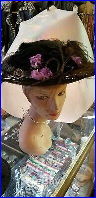 Beautifull Vintage Victorian Womens Hat antique velvet feathers lace beadwork