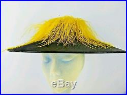 Black Hat Yellow Ostrich Feathers YVONNE California Statement Large Brim Vintage