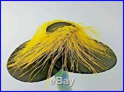 Black Hat Yellow Ostrich Feathers YVONNE California Statement Large Brim Vintage