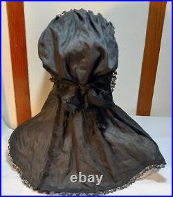 Black Silk Mourning Bonnet Poke Hat Civil War Era Lace Edges Slat Stays 21 Drop
