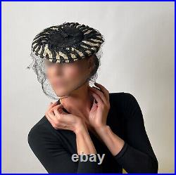 Black and White Hat 1940s 1950s Striped Straw Formal Cocktail Hat Vintage Veil