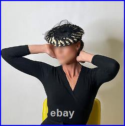 Black and White Hat 1940s 1950s Striped Straw Formal Cocktail Hat Vintage Veil