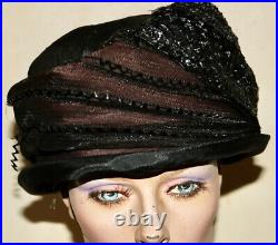 Black cloche hat vintage distressed with embellishments