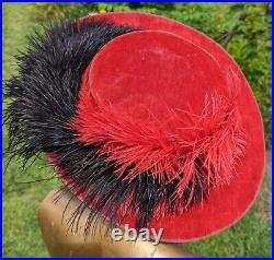 Blood Red Edwardian Silk Velvet Hat W Wide Brim + Feather Plumes