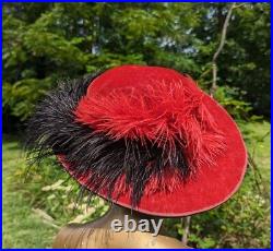Blood Red Edwardian Silk Velvet Hat W Wide Brim + Feather Plumes