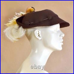 Bonwit Teller, NY Vintage 1930 Wool Felt Hat Turned-up Brim Feathers