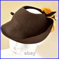 Bonwit Teller, NY Vintage 1930 Wool Felt Hat Turned-up Brim Feathers