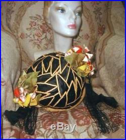 Breathtaking Egyptian Revival Orientalism Straw Cloche Hat SilkTassels, Flowers