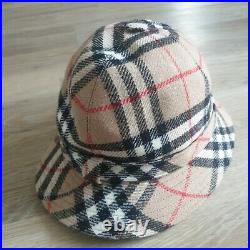 Burberry Vintage Womens Mens Classic Beige Haymarket Check Bucket Wool Hat Large