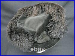 C. 1910 Antique Edwardian Velvet Hat with Ostrich Plume + Rosette Titanic Era