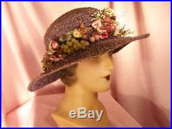 C. 1915 Lavender straw hatwide brimflowers & fruit LARGE HEAD SZ. 23